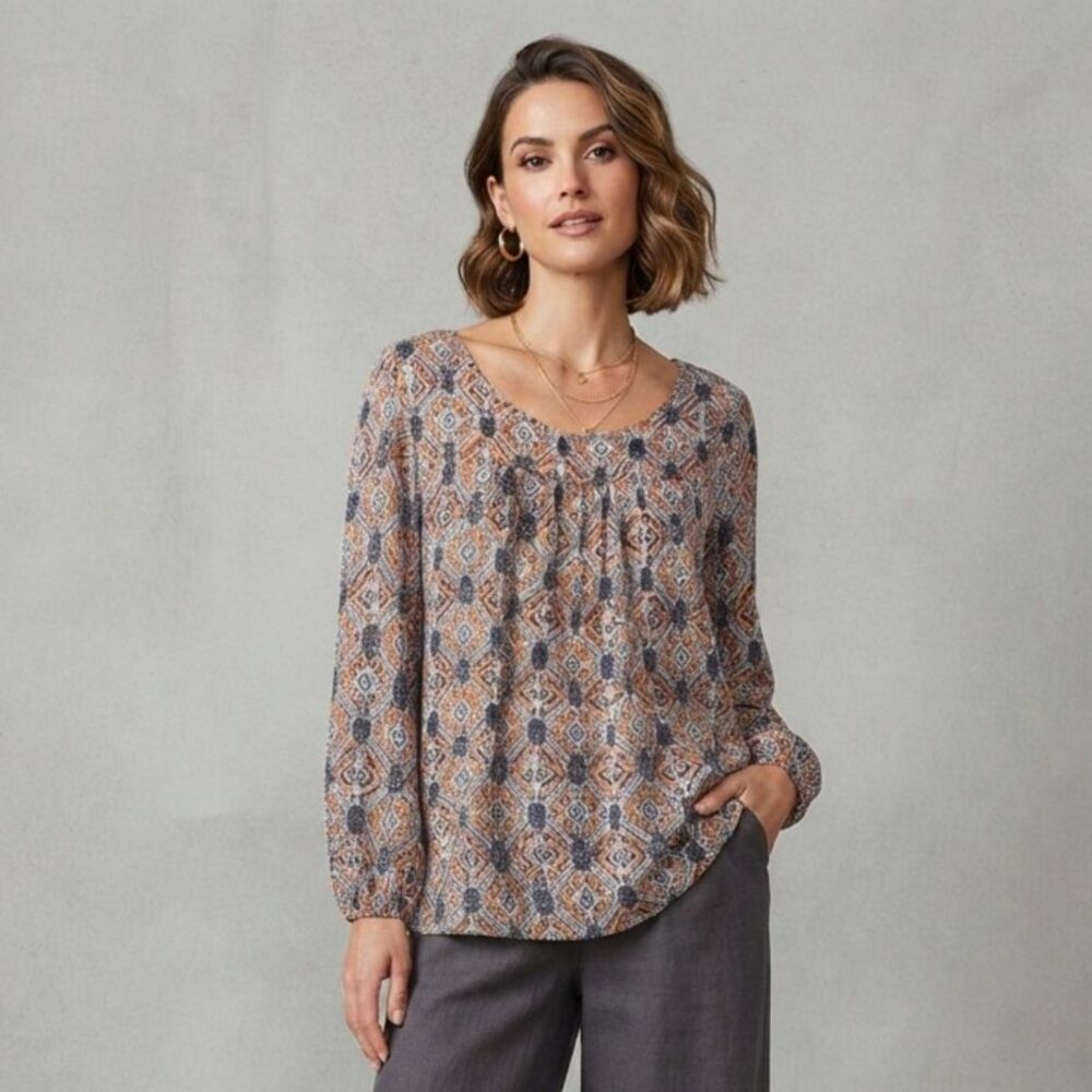 Lucky Brand Blouse Women's Size L Blue Geometric Orange Long Sleeve Casual